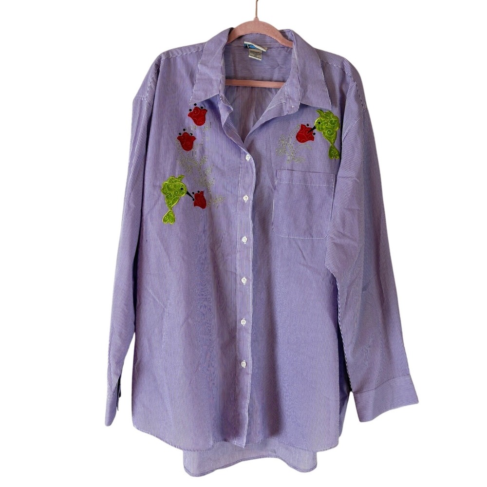 Las Olas Striped Button Down Shirt Embroidered Floral Accents Oversized 2X‎